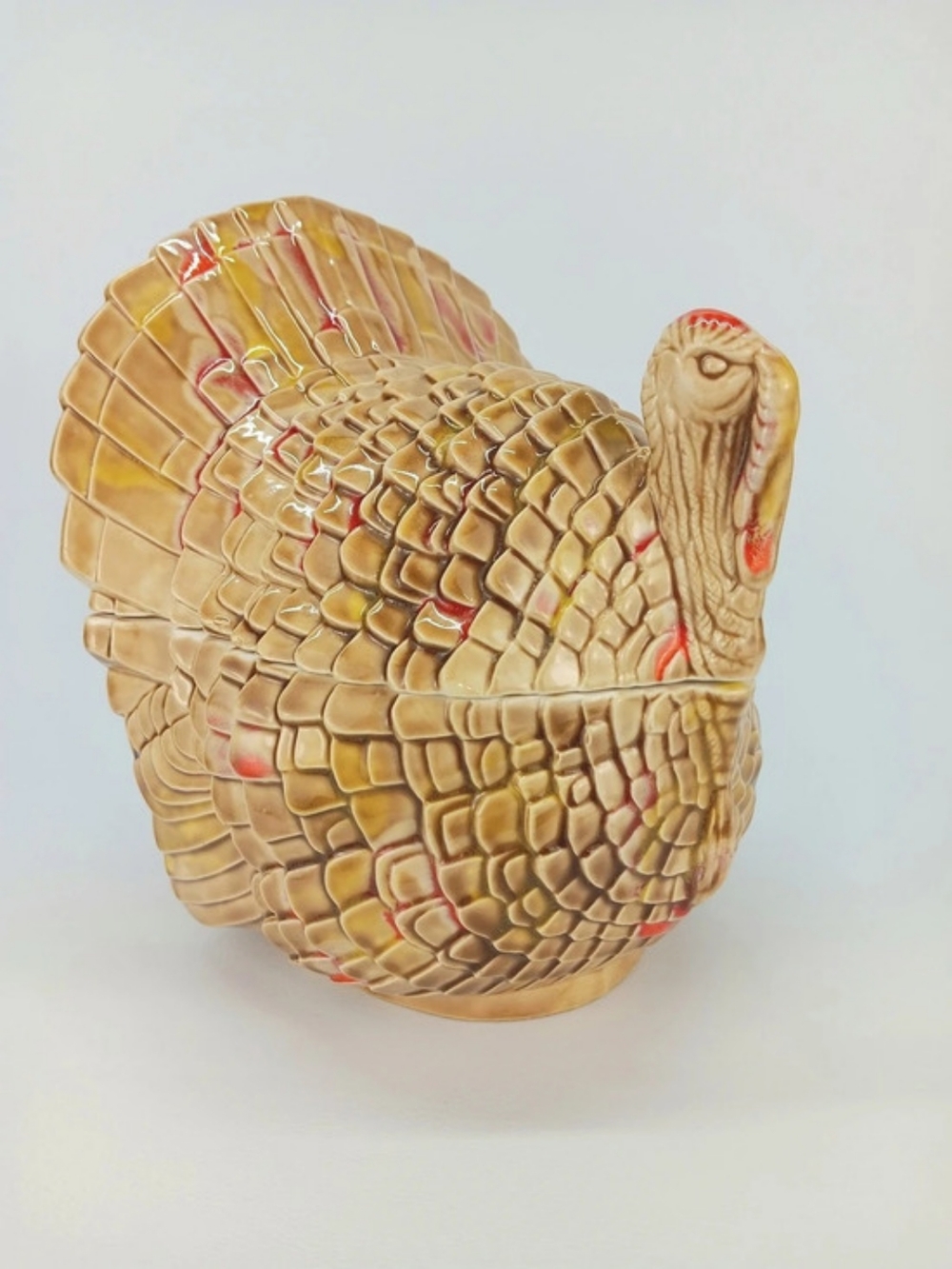 Ceramic Turkey Lidded Candy Dish Thanksgiving 6 3/4" tall Tan Gold Brown Orange
